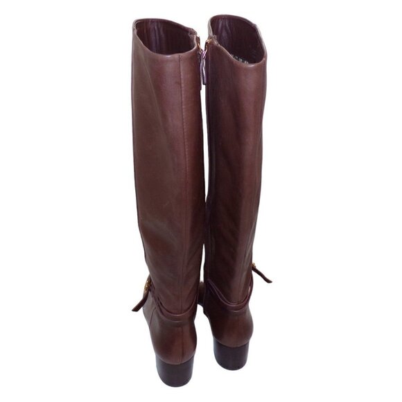Tory Burch Squared Toe Mid Zip-Up-Perfect Brown Heeled Boot Gold Logo sz 8 New - Picture 5 of 7